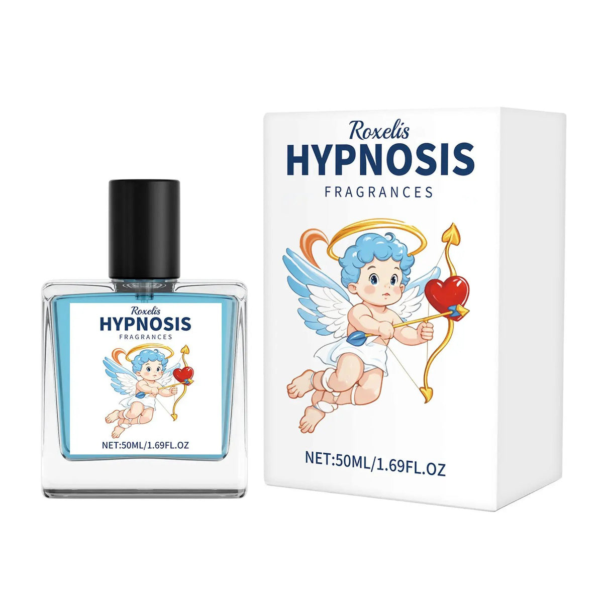Men's pheromone perfume by Roxelis Hypnosis, blue liquid in a glass bottle beside the white box