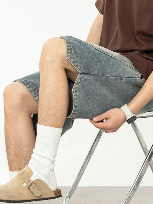 Mens Plus Size Cotton Drawstring Denim Shorts, relaxed casual fit in blue denim