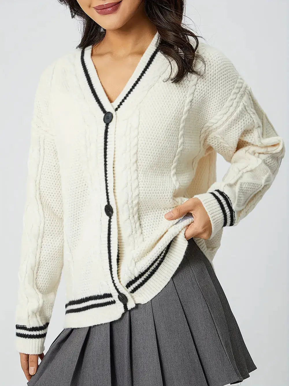 Womens knit cardigan in cream with black trim, V-neck, long sleeves, button-front by Trendsi