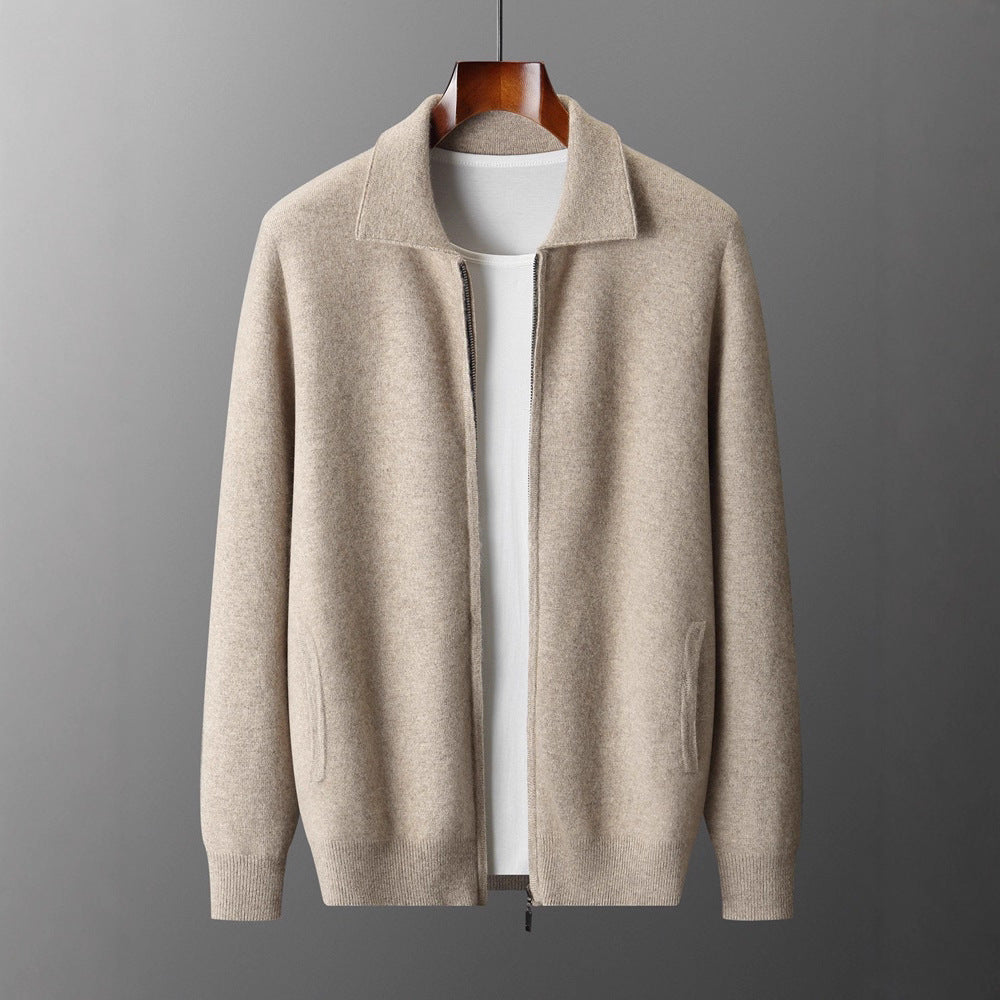 Men's solid-color warm knitted cardigan in beige with front zip.