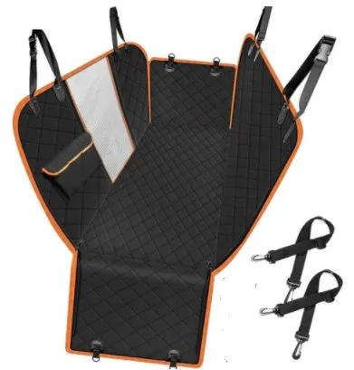 Dog car seat cover hammock by AdTec, black quilted fabric with orange trim; includes straps, clips and pocket