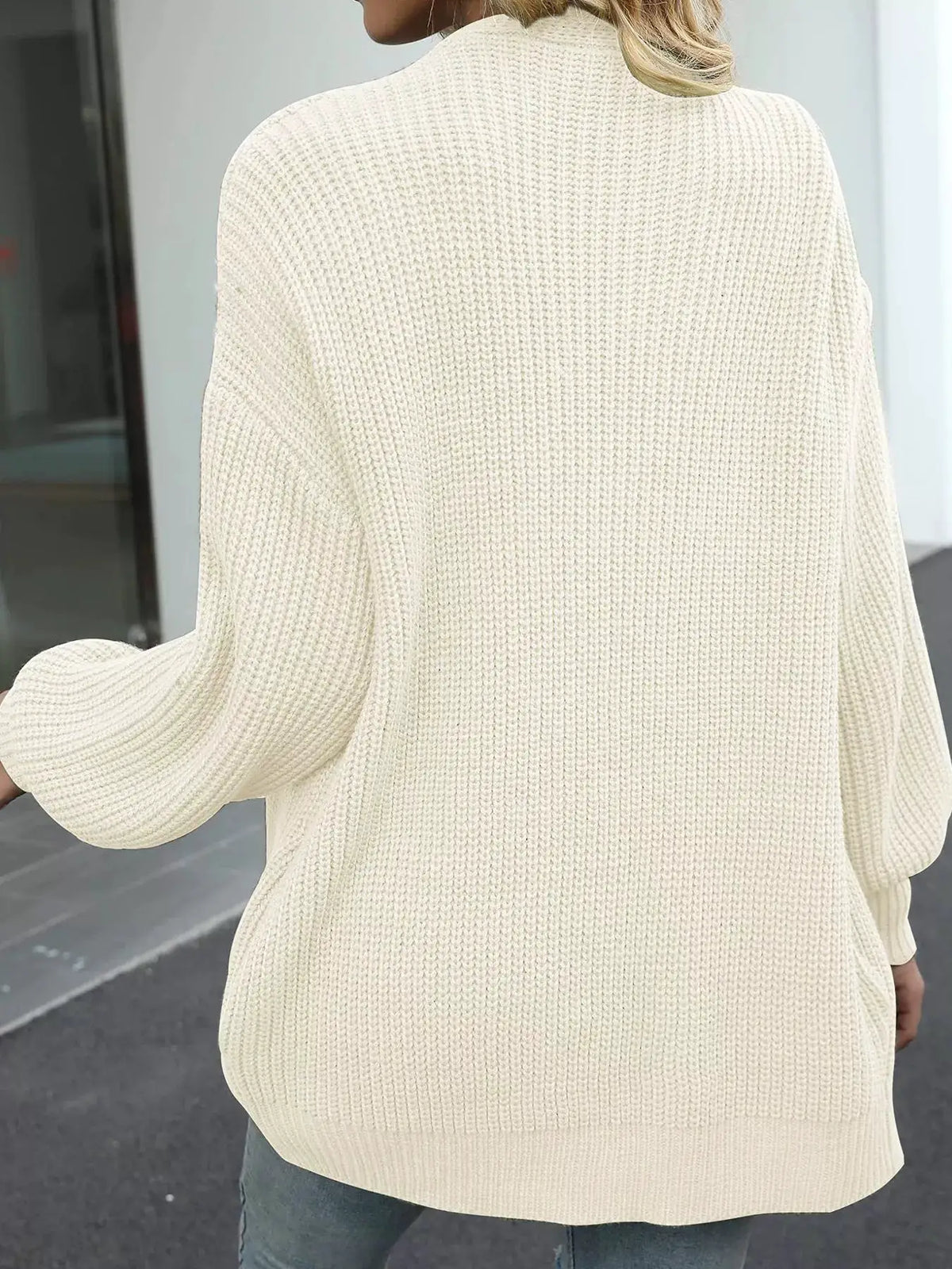 Cozy oversized chunky knit open-front cardigan in ivory with lantern sleeves