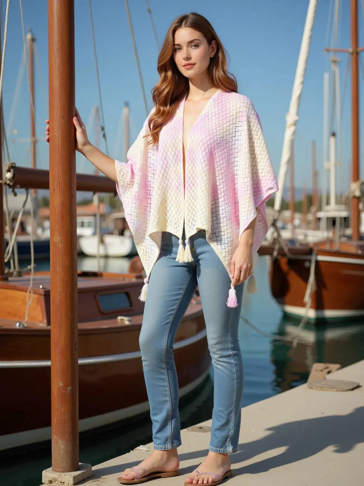 Lightweight Gradient Openwork Knit Tassel Beach Cover Up by Trendsi; pastel pink-to-white gradient with tassel fringe