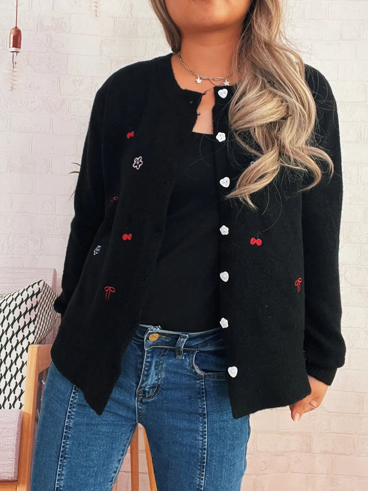 Ribbed Button Front Knit Cardigan in black with white heart-shaped buttons and subtle embroidered accents