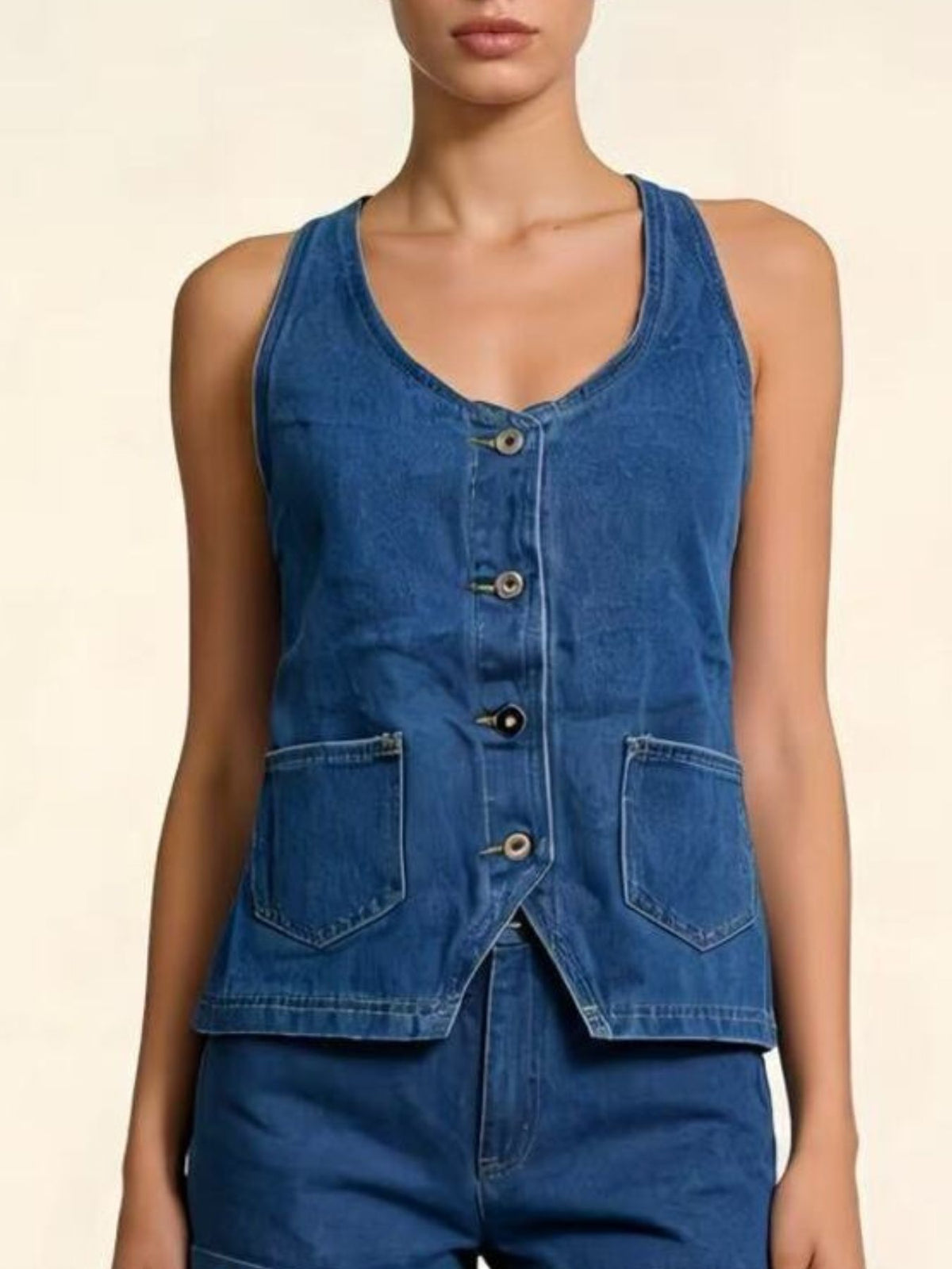 Trendsi denim halter-neck vest with button-front closure and adjustable tie in blue.