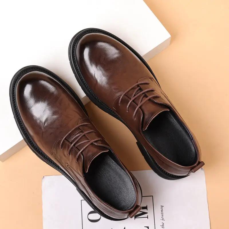 Men's brown genuine leather shoes with thick black soles; versatile casual-formal pair
