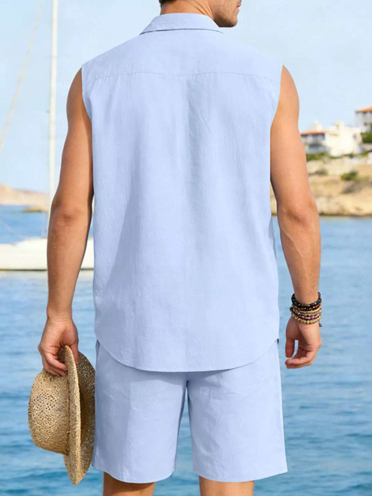 Trendsi men's light blue sleeveless button-up top and matching shorts, plus-size two-piece set.