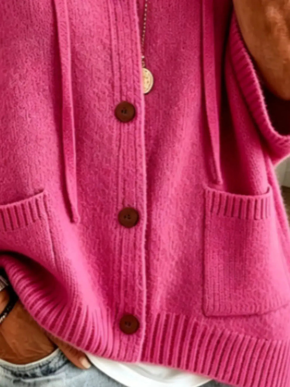 Full-Size Casual Hooded Button-Down Knit Cardigan in pink with front pockets by Trendsi