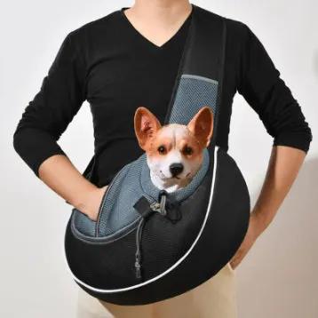 Carrying pets bag crossbody carrier for dogs, black with blue accents, AdTec.