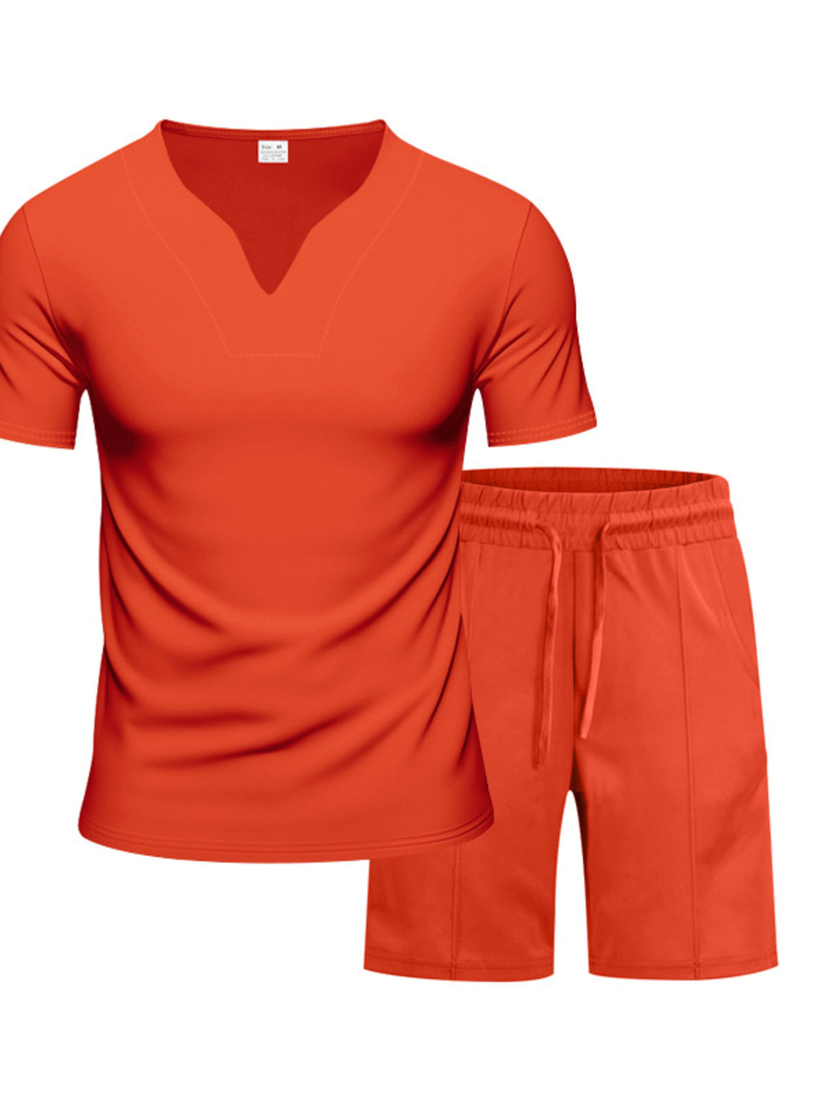 Men's plus-size V-neck short-sleeve T-shirt and matching orange shorts set by Trendsi.
