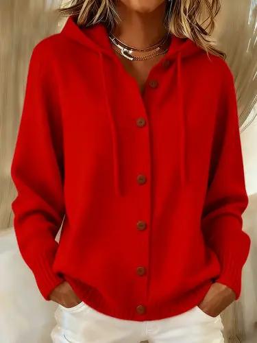 Womens relaxed-fit red hooded cardigan with button front and ribbed cuffs