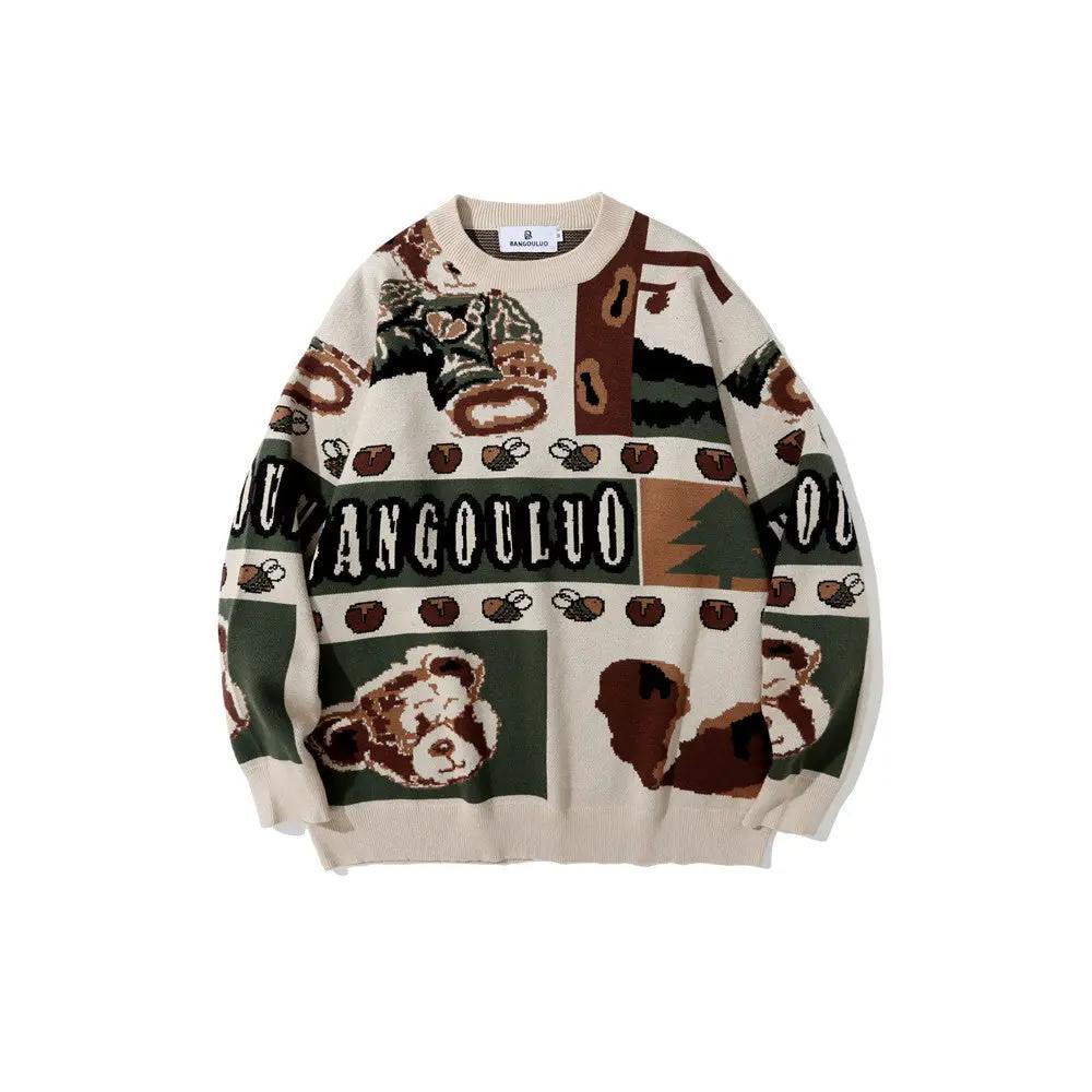 Men's retro color-block jacquard knit sweater, beige with bear-print patches, long sleeves, cotton