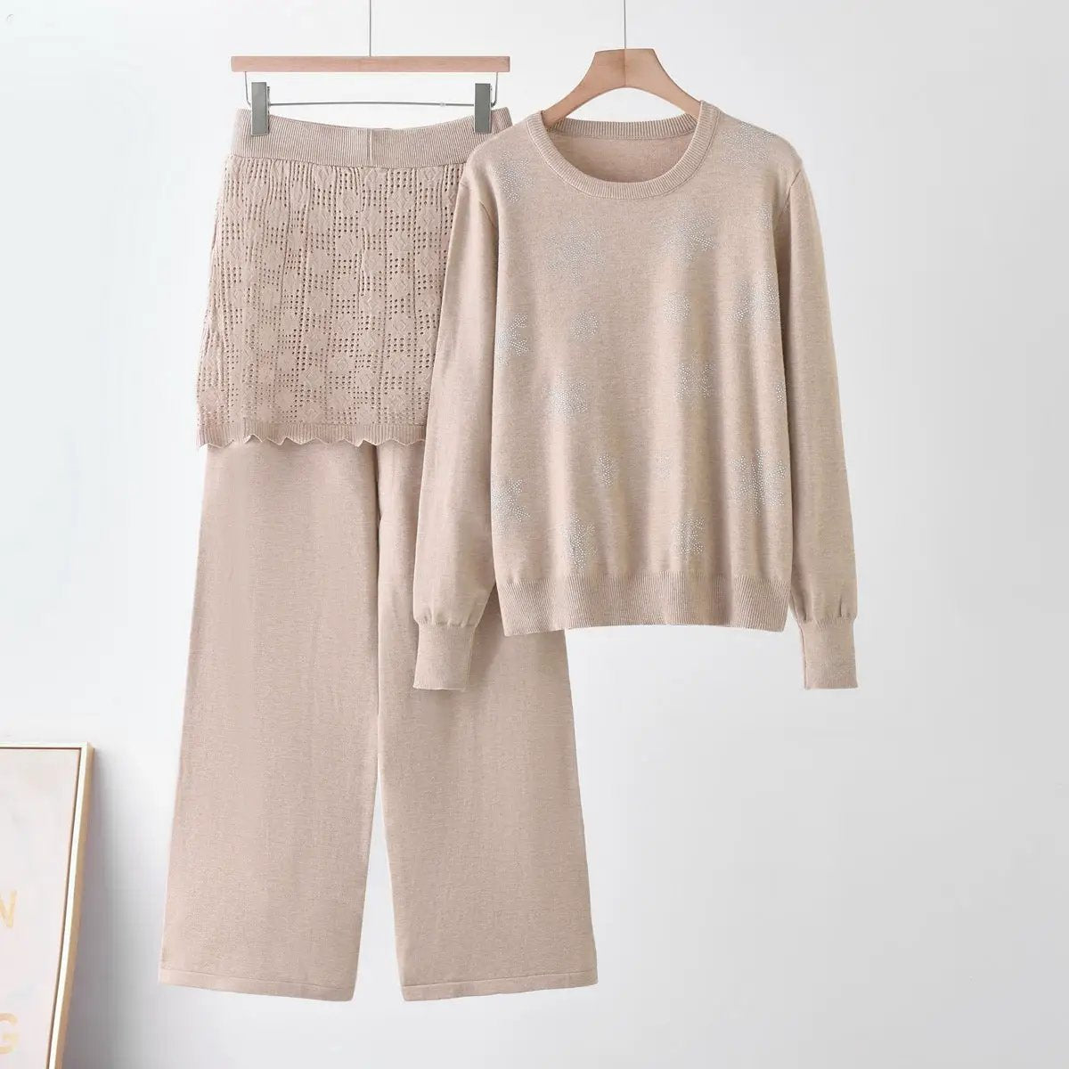 Women's Rhinestone Two-Piece Knit Set in beige with round-neck sweater and lace-detail pants by eprolo