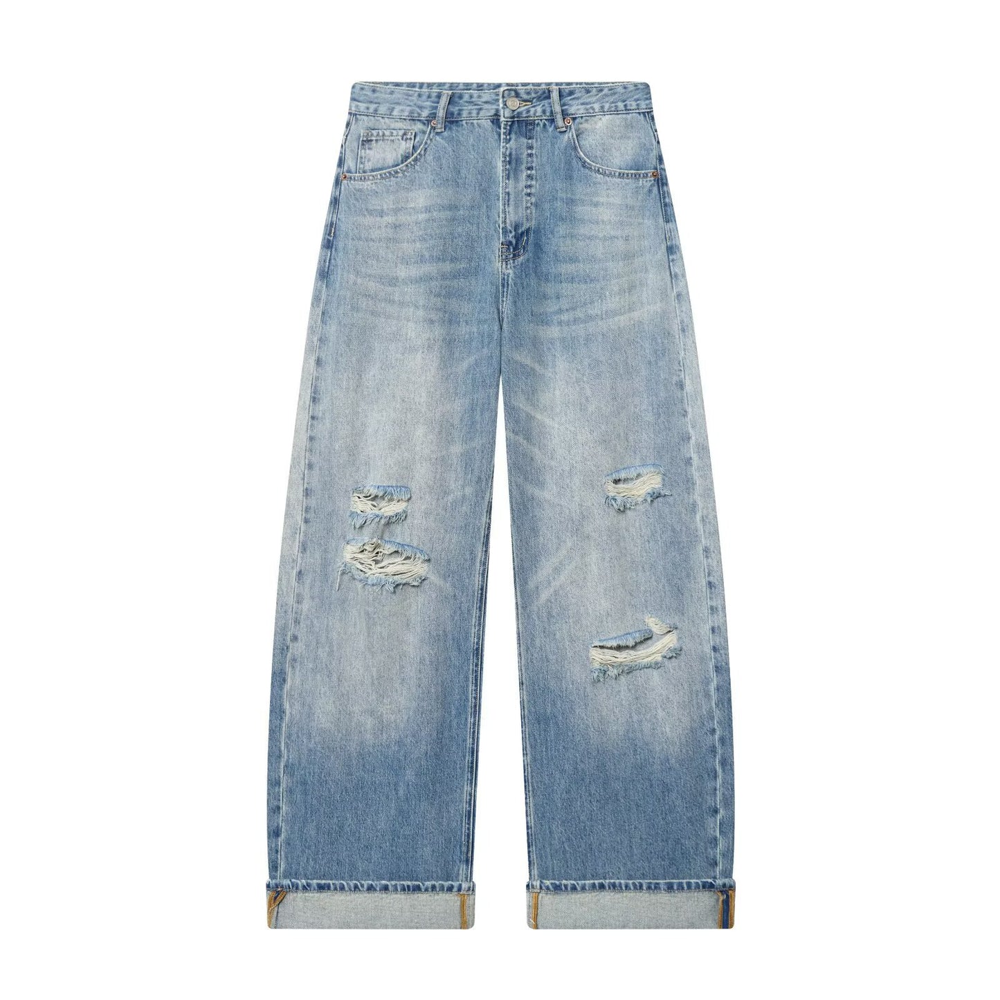 Broken hole decorative rolled edge loose jeans