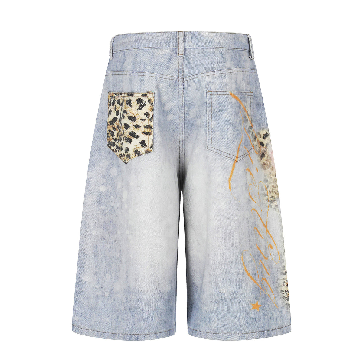 Leopard-print denim cropped pants with patch pockets and graffiti accents in light wash blue