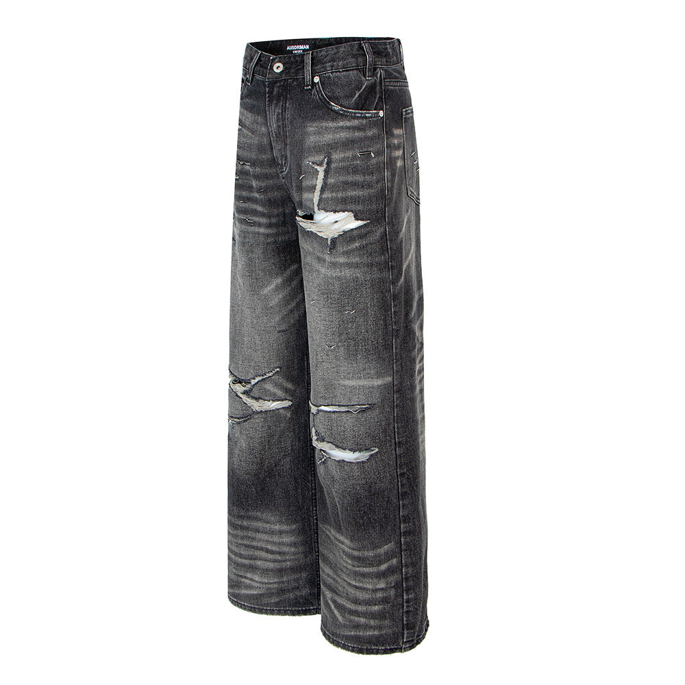 Distressed ripped washed vintage combat denim jeans by eprolo in black wash