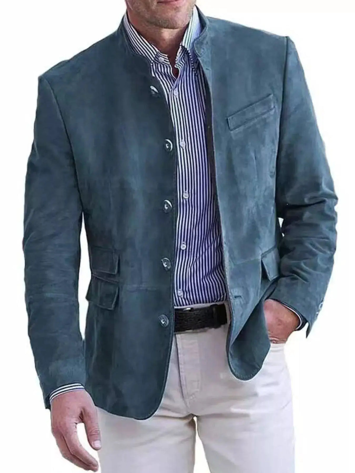 Men's plus-size blazer with stand collar, teal suede-like fabric, button-up with two flap pockets