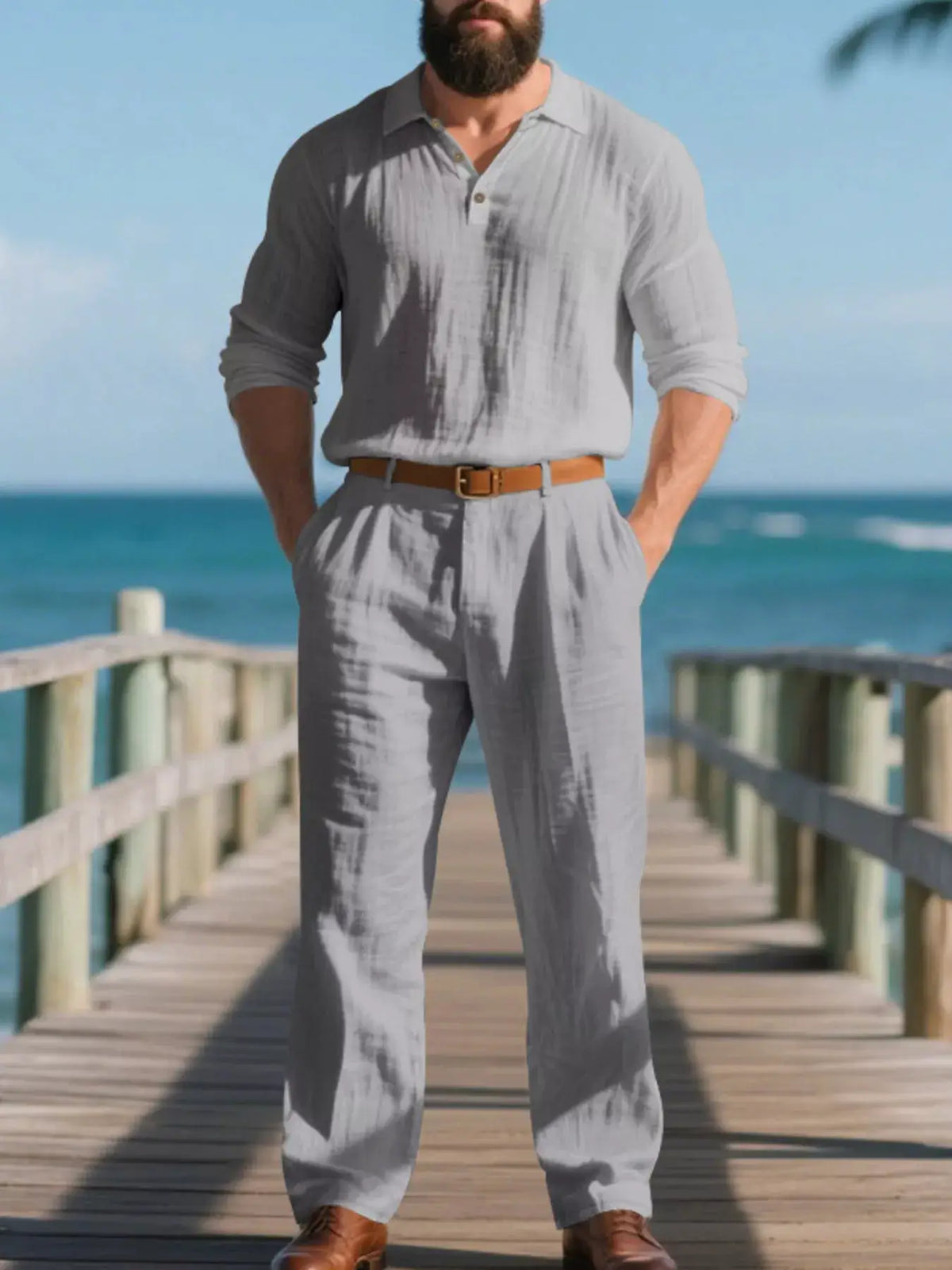 Trendsi men's plus-size long-sleeve linen top and matching pants two-piece set in light gray.