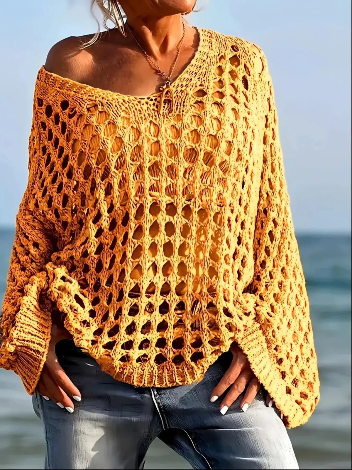 Trendsi lightweight crochet long-sleeve knit cover up, oversized orange beach cardigan