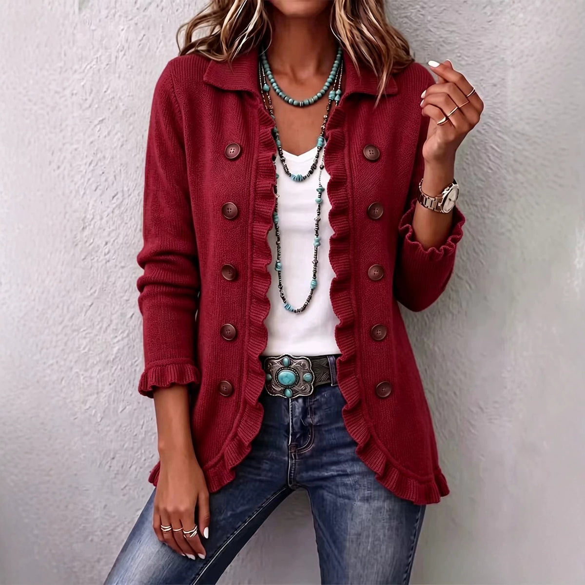 Long burgundy knit cardigan with ruffled edges and large buttons, worn over a white top with turquoise bead necklaces.