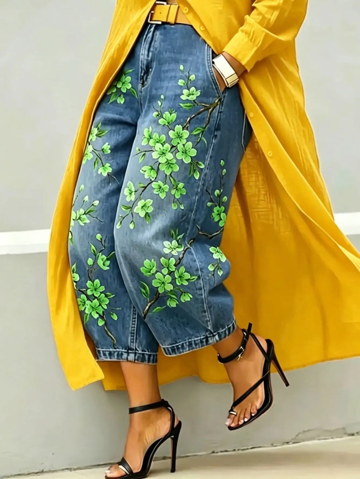 Capri denim pants with bright green floral embroidery, mid-rise, wide-leg vintage street style
