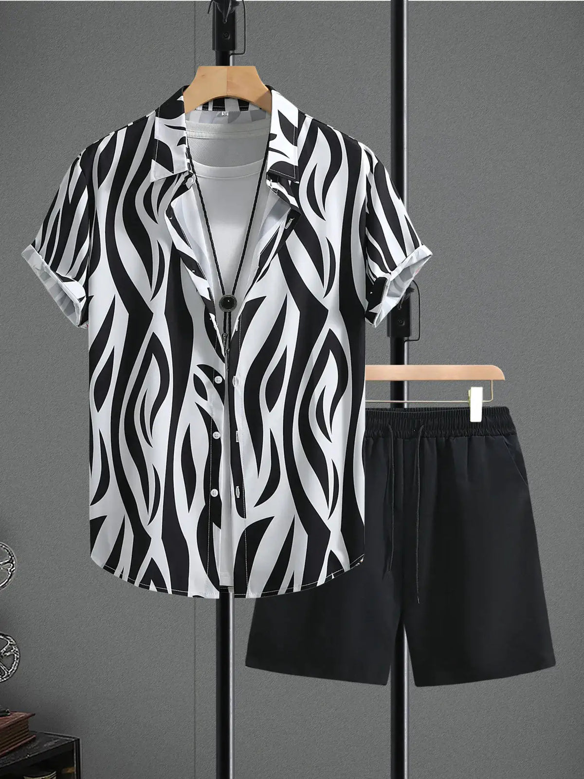 Mens zebra print two-piece short-sleeve shirt and shorts set by Trendsi, black and white pattern.