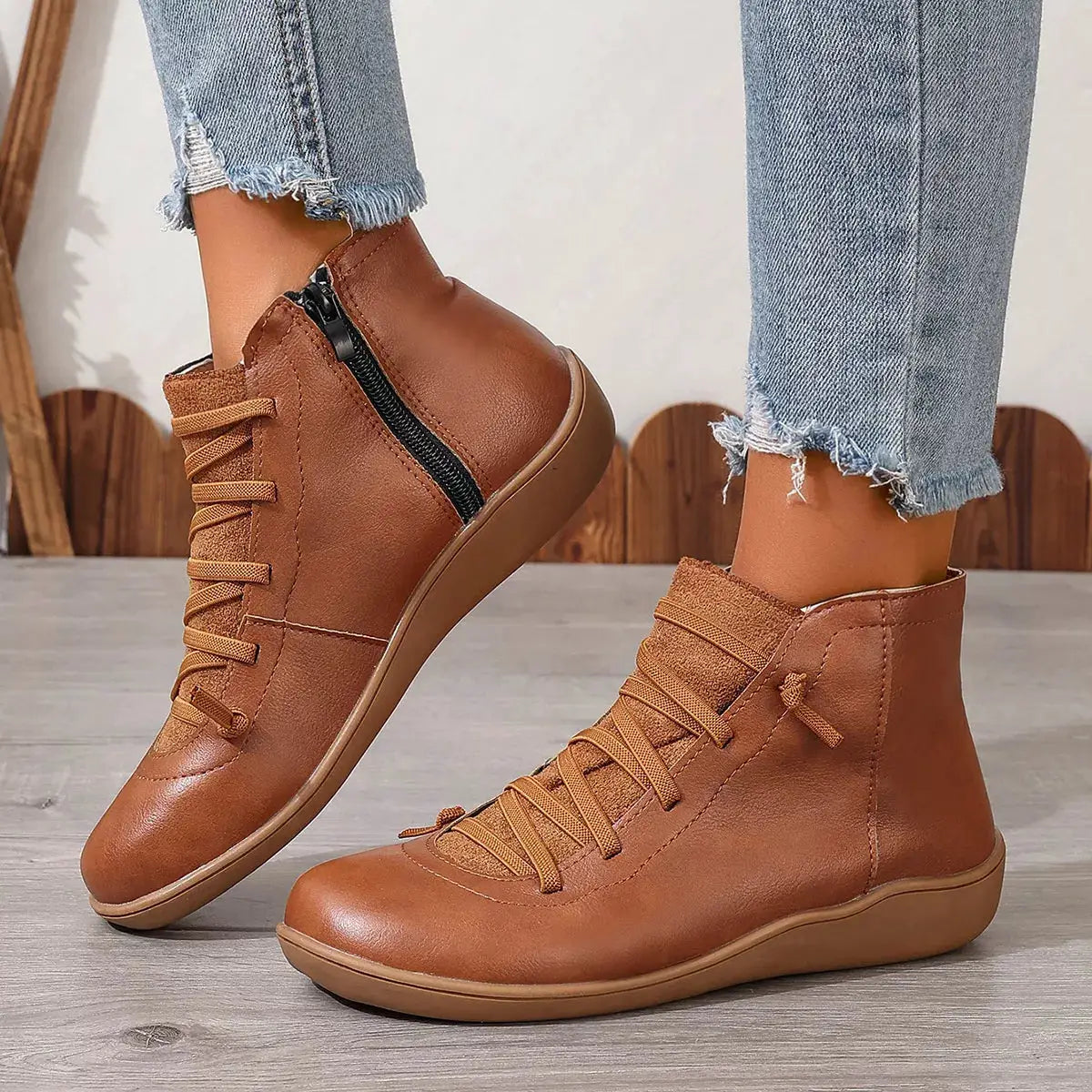 Trendsi Lace-Up Faux Leather Ankle Boots, tan brown pair with front laces and side zipper