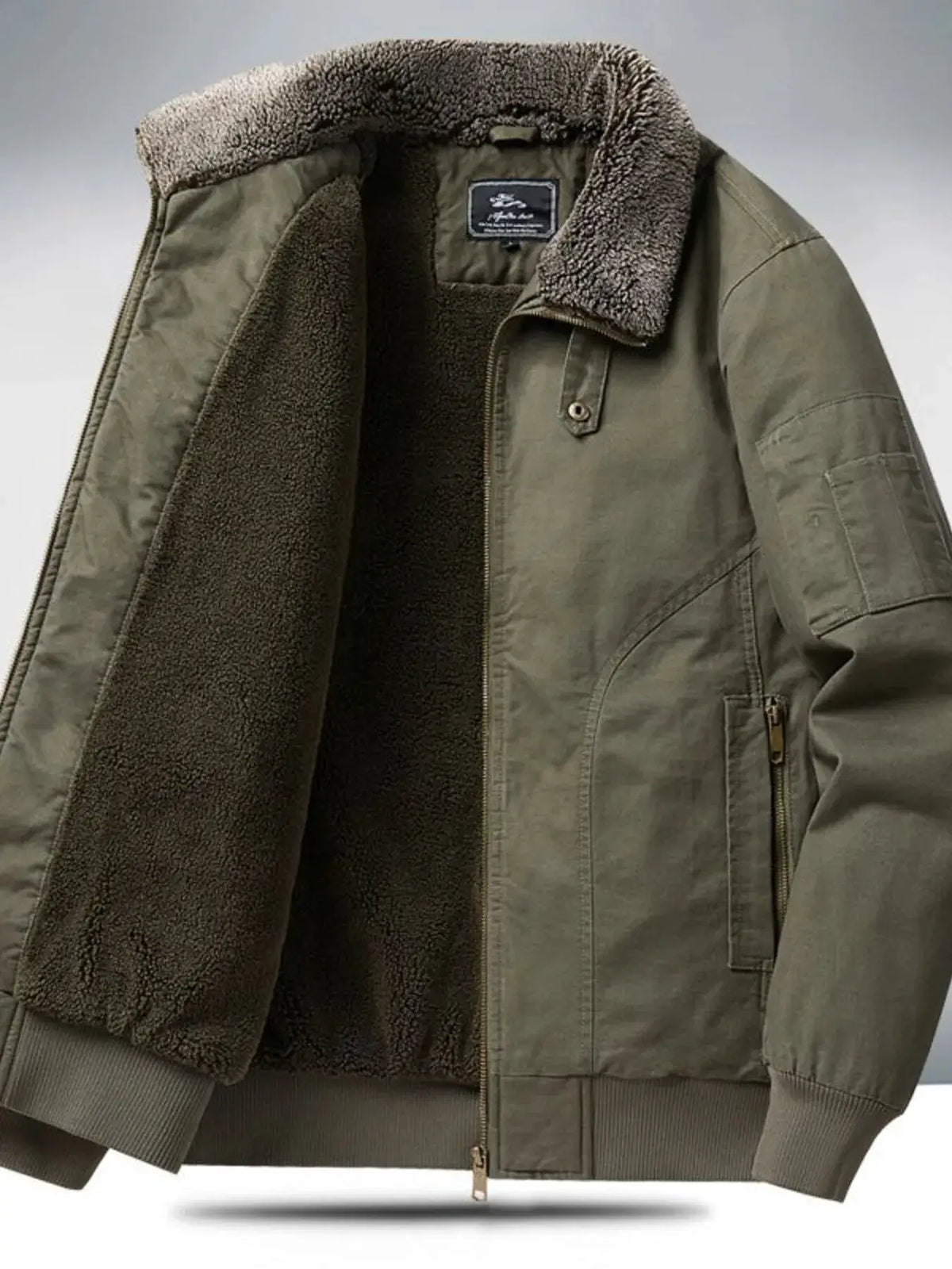 Men's plus-size sherpa-lined zip-up jacket in olive green with ribbed cuffs and hem