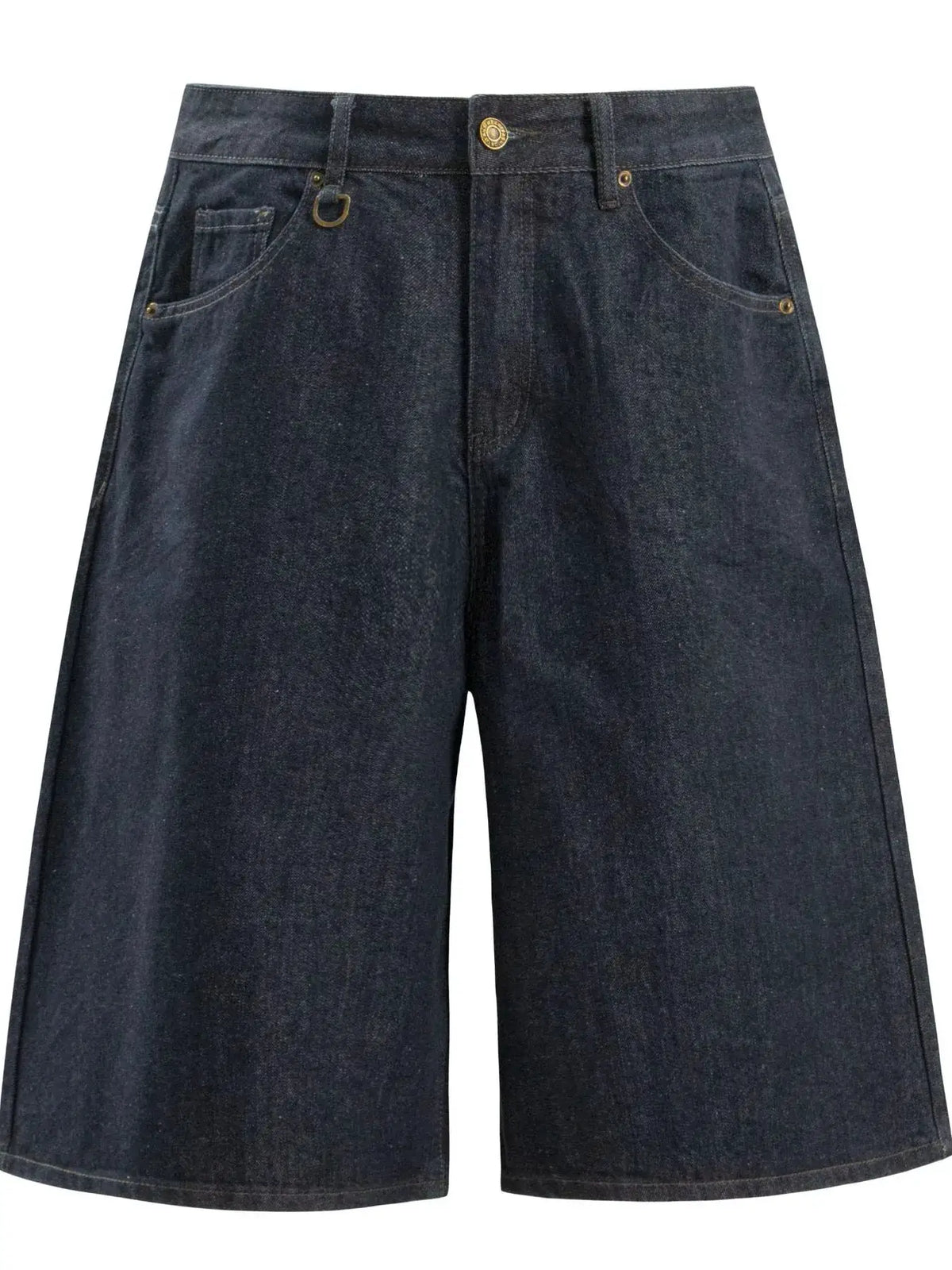 Men's wide-leg denim shorts in dark indigo cotton-stretch with front pockets and a casual loose fit.