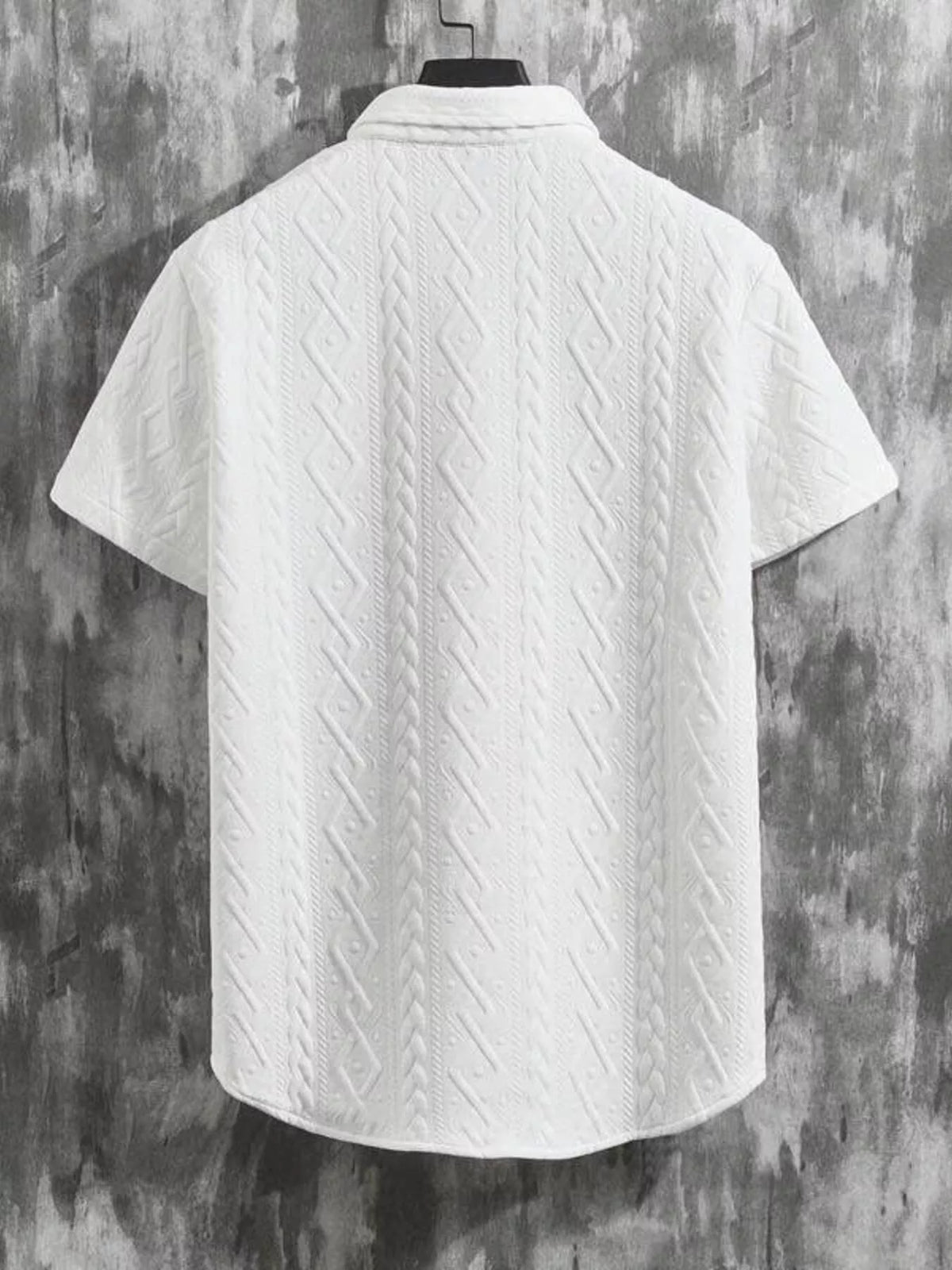 Men's white textured knit polo shirt, short sleeves, back view.