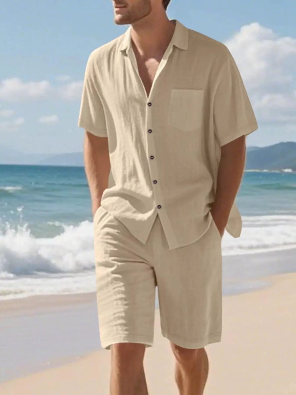 Beige two-piece men's casual button-up shirt and shorts set with chest pocket.