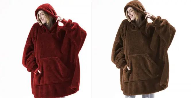 Hoodie sweatshirt with large front pocket in red and brown fleece; oversized wearable blanket, 2 hoodies shown.