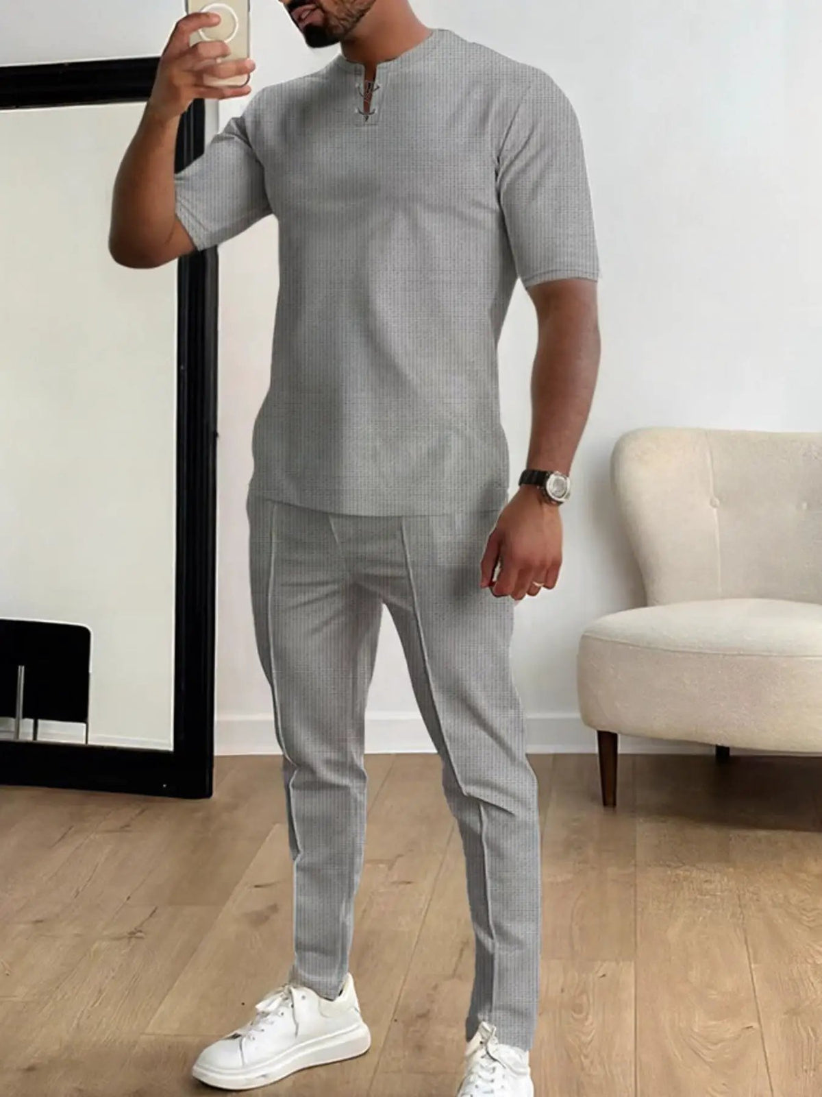 Mens casual two-piece grey knit short-sleeve top and pants set, plus size, by Trendsi.
