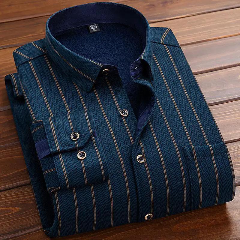 Men's fleece-lined plaid flannel shirt by AdTec in navy with tan stripes.