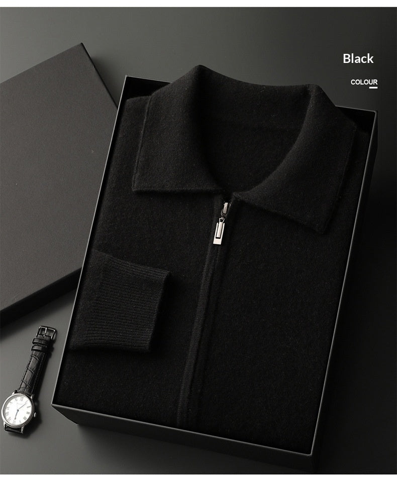 Men's AdTec black knitted cardigan with zip front, boxed display