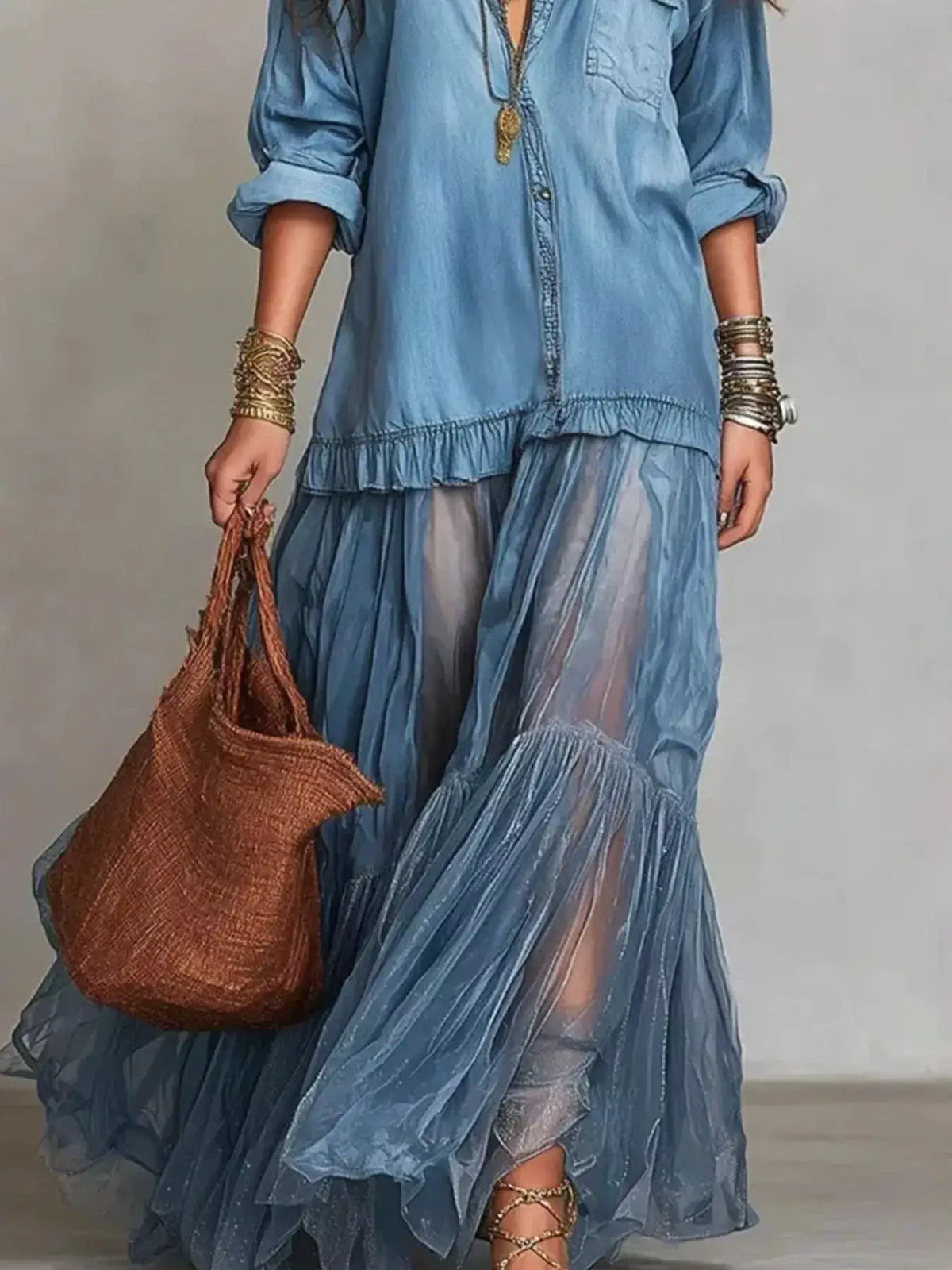 Denim shirt maxi dress by Trendsi; full-size, tiered long-sleeve blue dress with brown handbag.