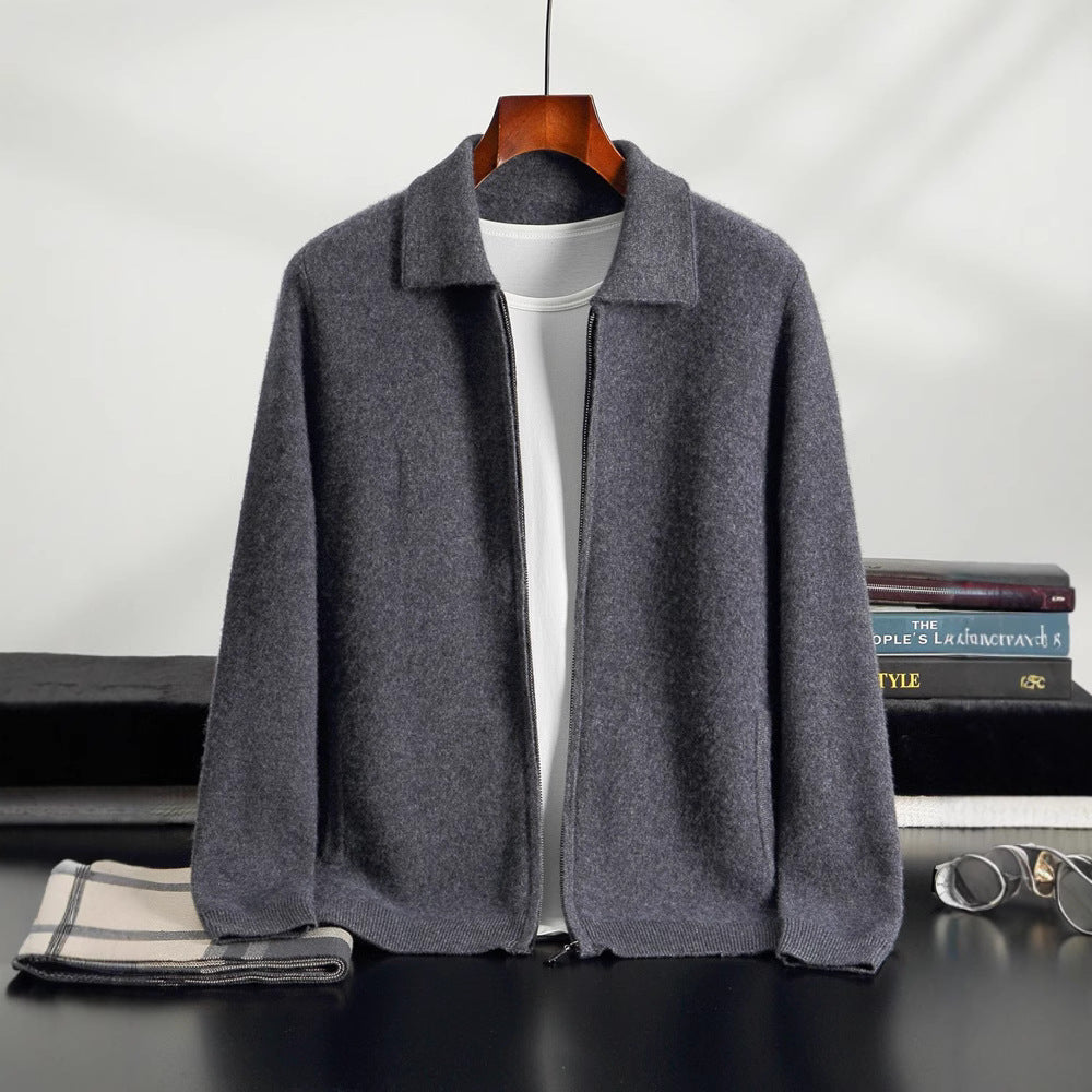 Men's solid-color warm knitted cardigan, dark gray with zip-front and collar, shown on a hanger over a white shirt.