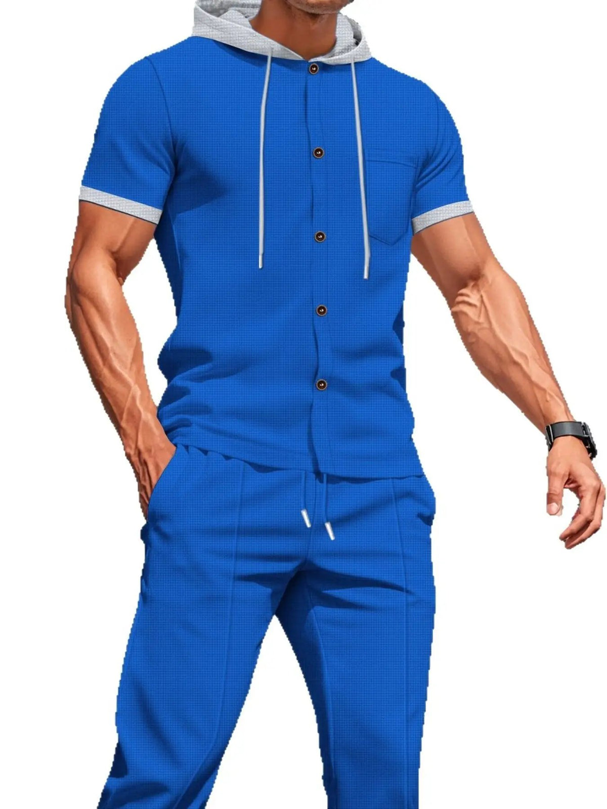 Men's plus-size blue short-sleeve hooded top and shorts set with pockets by Trendsi