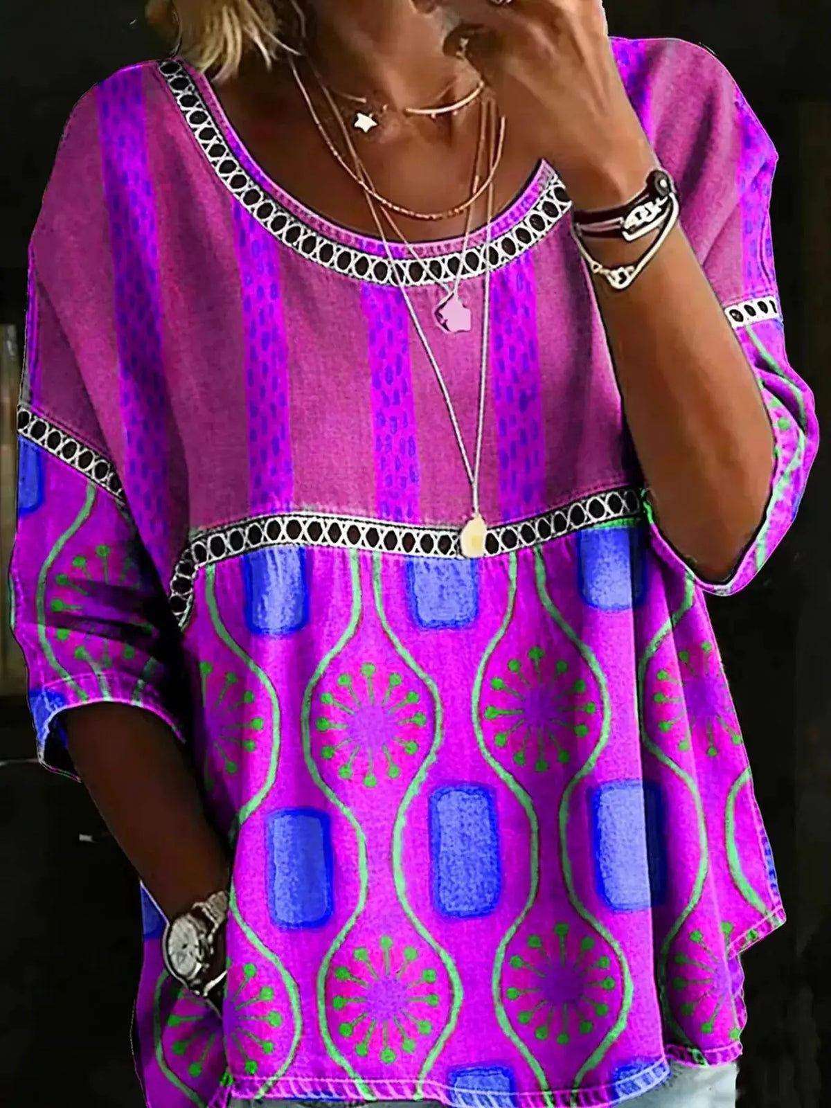 Full-size hollow-out round-neck top by Trendsi in vibrant pink and purple with geometric print