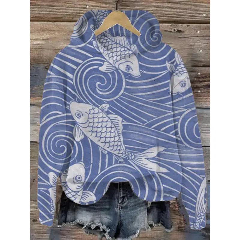 Women's hooded long-sleeve pullover sweatshirt in blue koi fish wave print