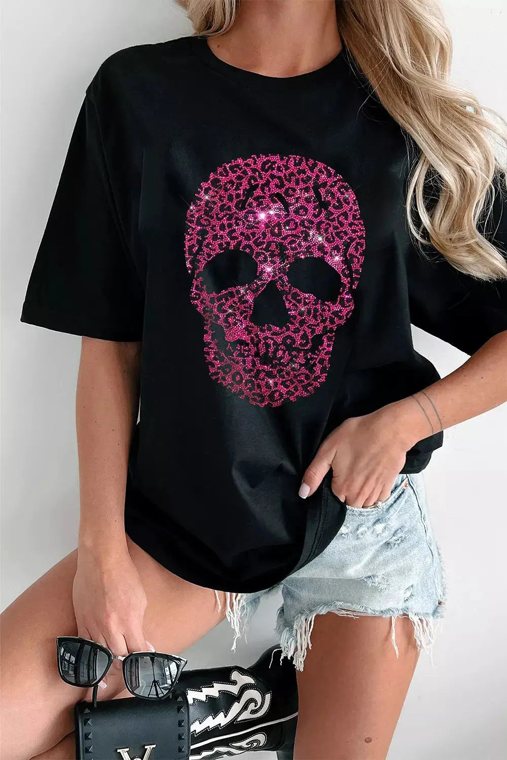 Rhinestone Skull Graphic Crew Neck T Shirt in black with pink rhinestone skull design.
