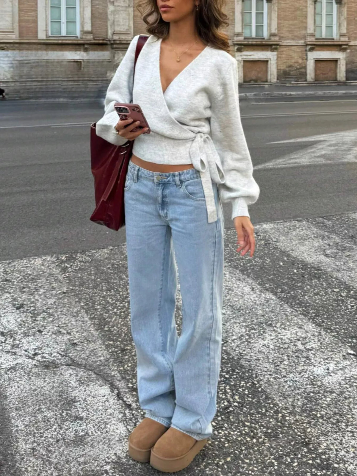 Women's tie-waist surplice knit sweater in soft stretch fabric, white, Trendsi.