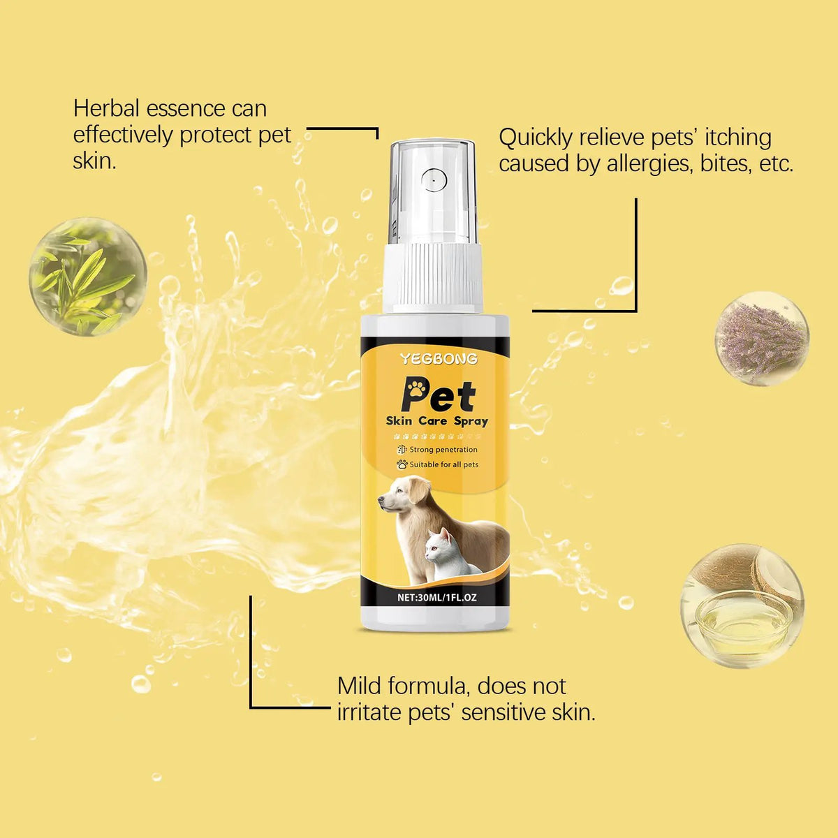 Pet Skin Care Spray by AdTec, white spray bottle with yellow label, 30 ml