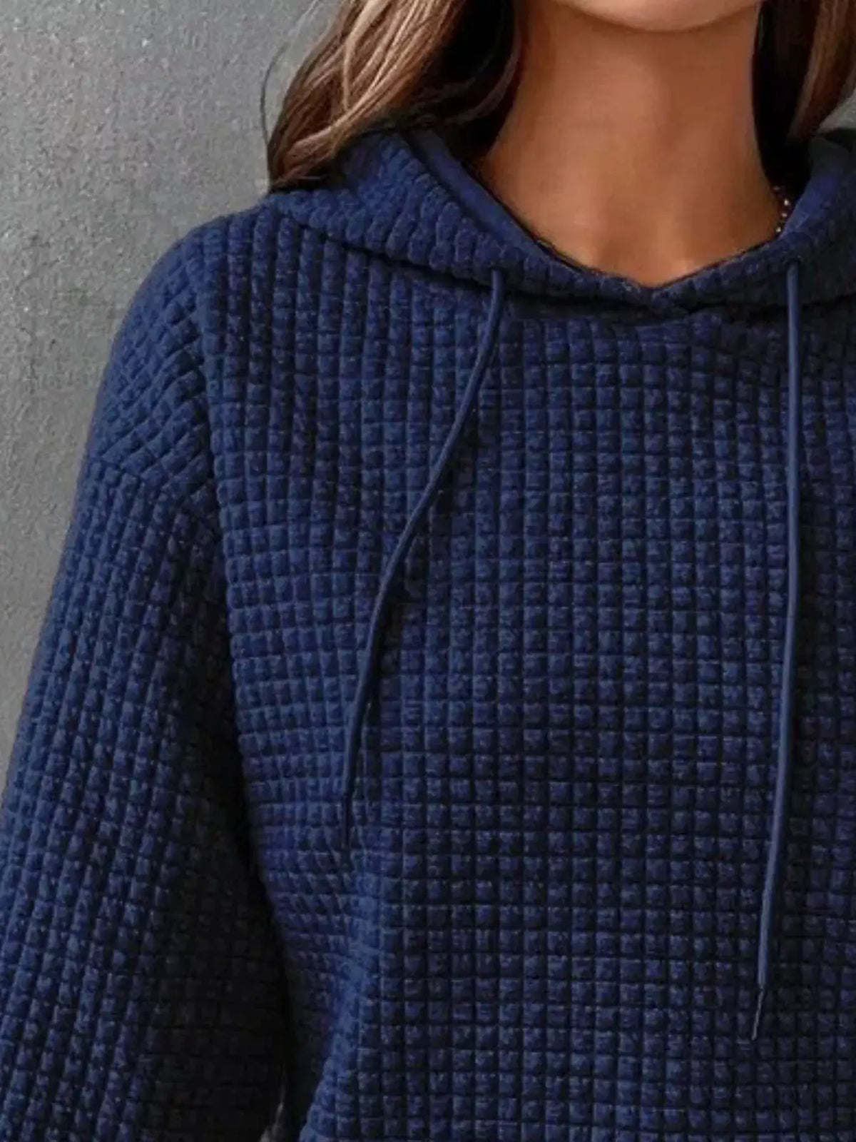 Full Size Textured Kangaroo Pocket Hoodie Plus Size, navy quilted fabric with drawstrings