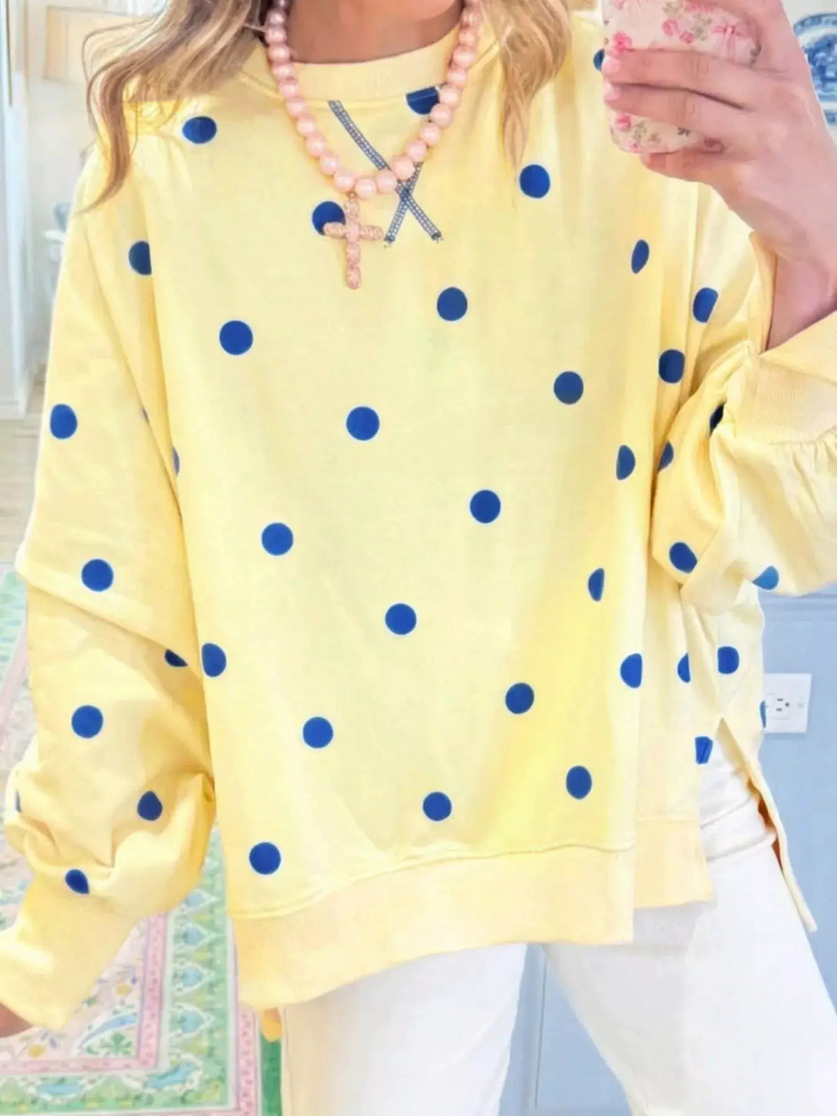 Side Slit Polka Dot Oversized Sweatshirt in yellow with blue dots, by Trendsi.