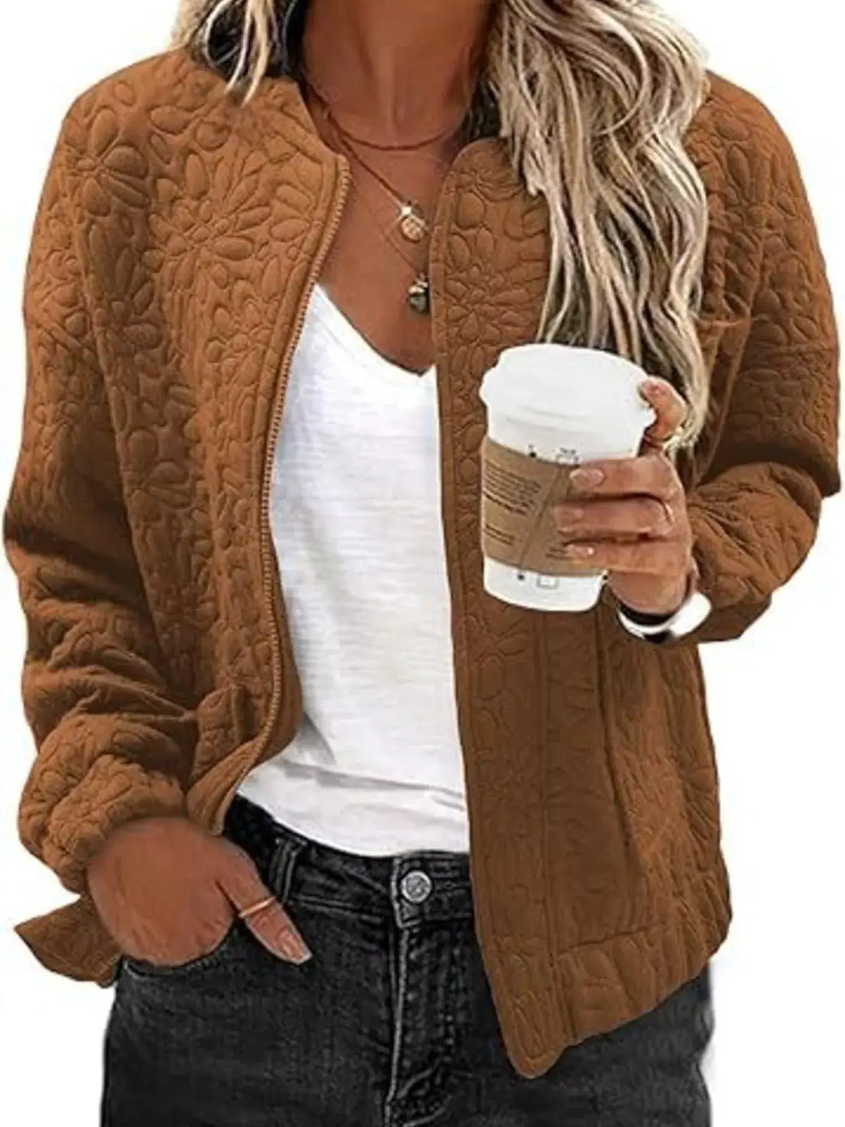 Premium floral quilted lightweight zip-up jacket in brown by Trendsi for daily wear.