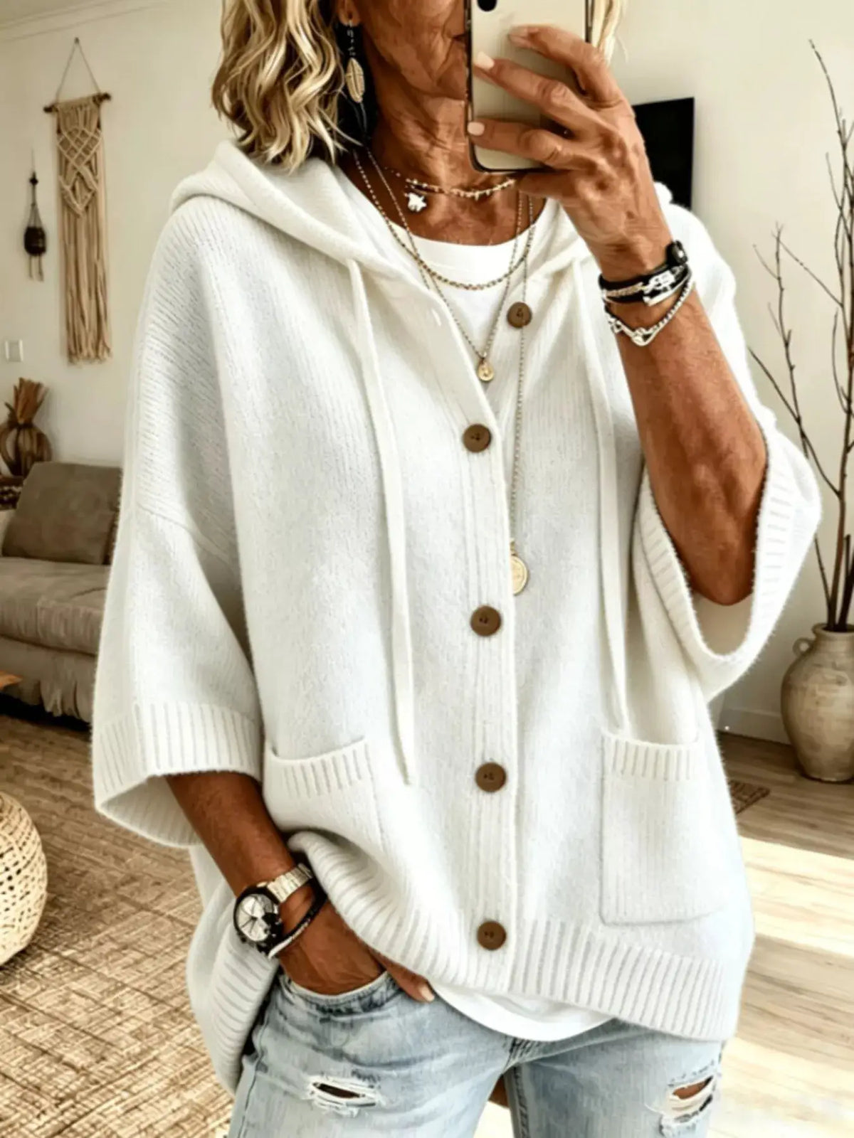 Full-size casual hooded button-down knit cardigan by Trendsi, cream with front pockets and wood-toned buttons