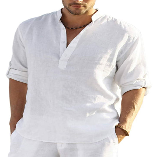 Camisa de manga larga de algodón y lino para hombre, color sólido, cuello levantado, holgada