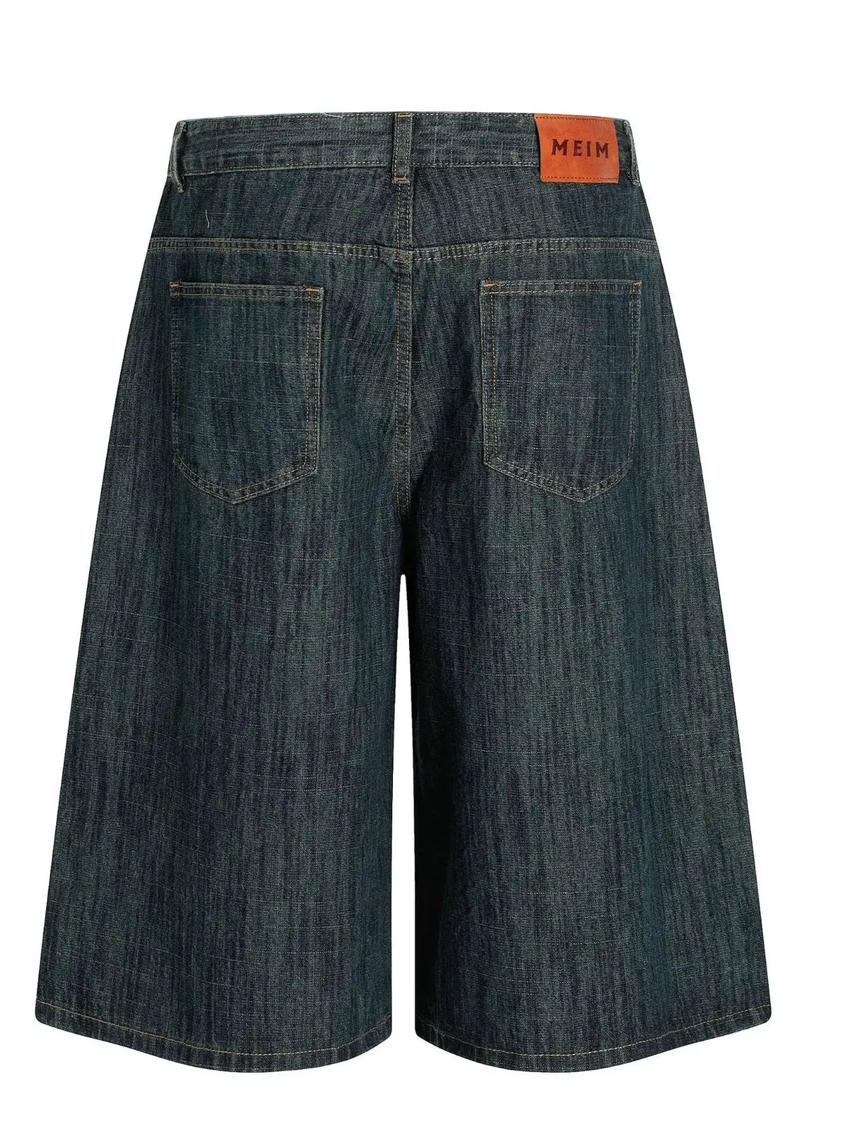 Mens relaxed-fit denim shorts in dark blue cotton blend with back pockets and MEIM patch