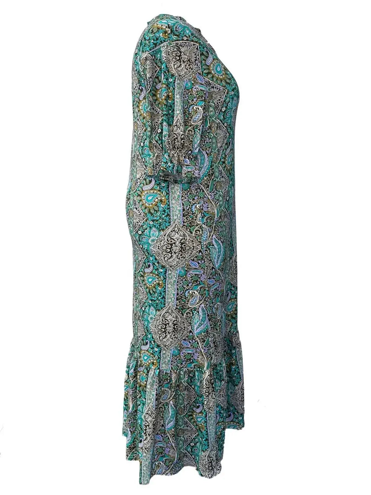 Full-size bohemian paisley print ruffle-hem midi dress, teal/green, plus size Trendsi